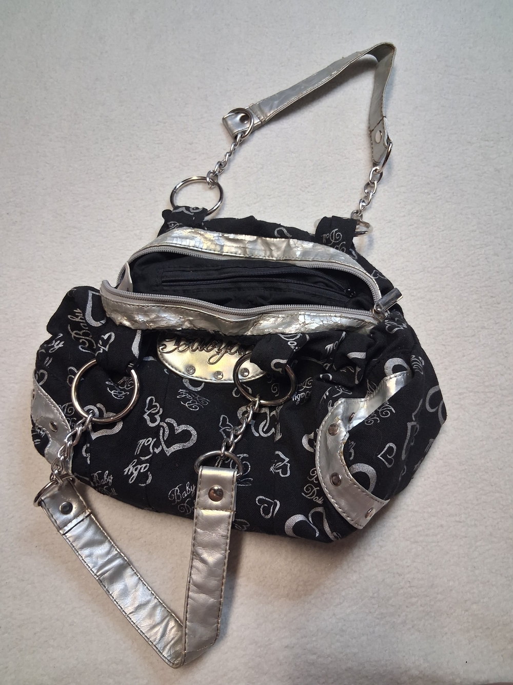 Miss Babydoll Black Shoulder Bag with Silver Accents - Picture 2 of 9